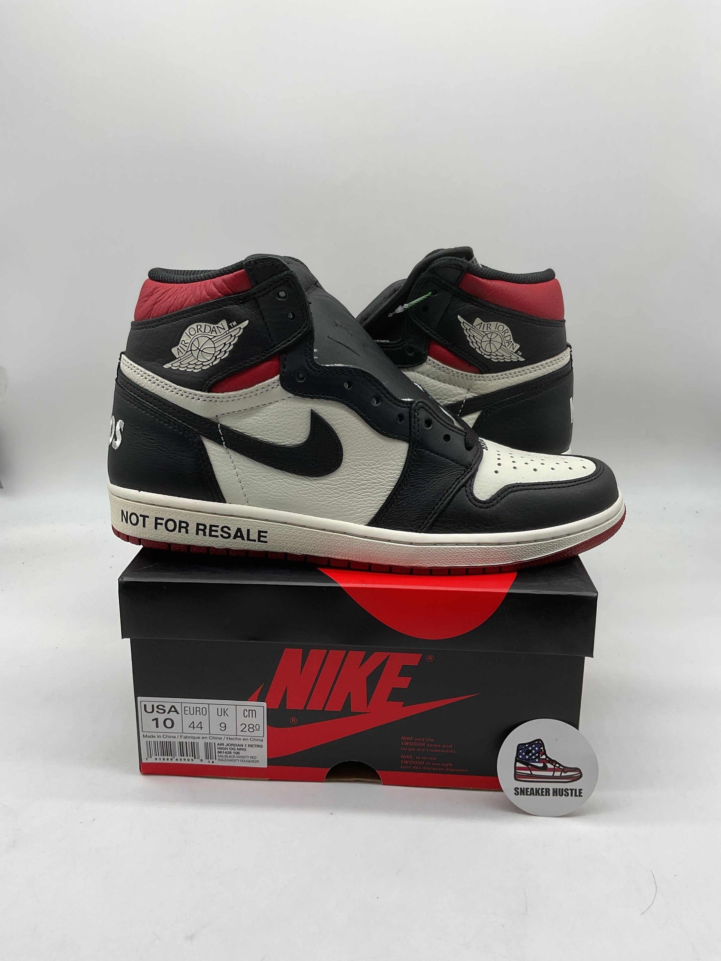 Jordan 1 Retro High Not for Resale Varsity Red sneakers size 10 on black and red Nike box
