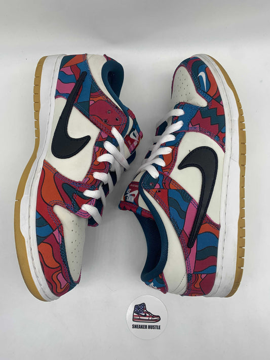 Pair of colorful Nike SB Dunk sneakers with abstract red, blue, and purple patterns and white accents displayed for Black Friday Cyber Monday sneaker drop at Sneaker Hustle USA