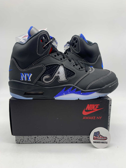 Jordan 5 Retro Awake NY Black sneakers on Nike Awake NY box with blue and black detailing
