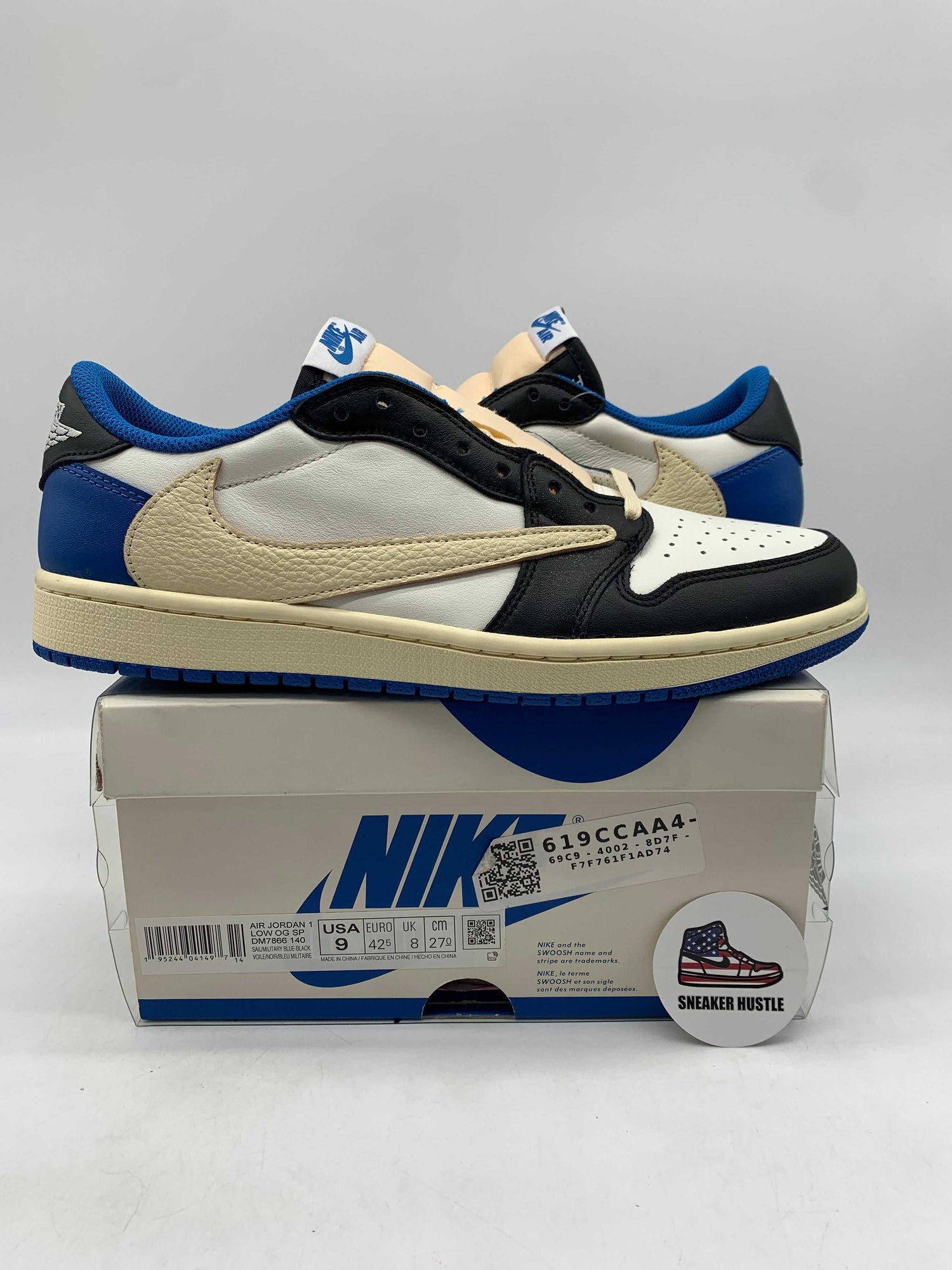 Jordan 1 Retro Low Fragment x Travis Scott sneakers in size 9 on Nike box
