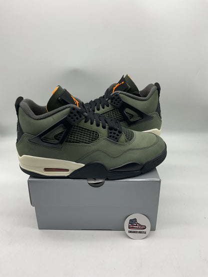 Olive green Jordan 4 Retro sneakers displayed on a gray shoebox with black and orange accents