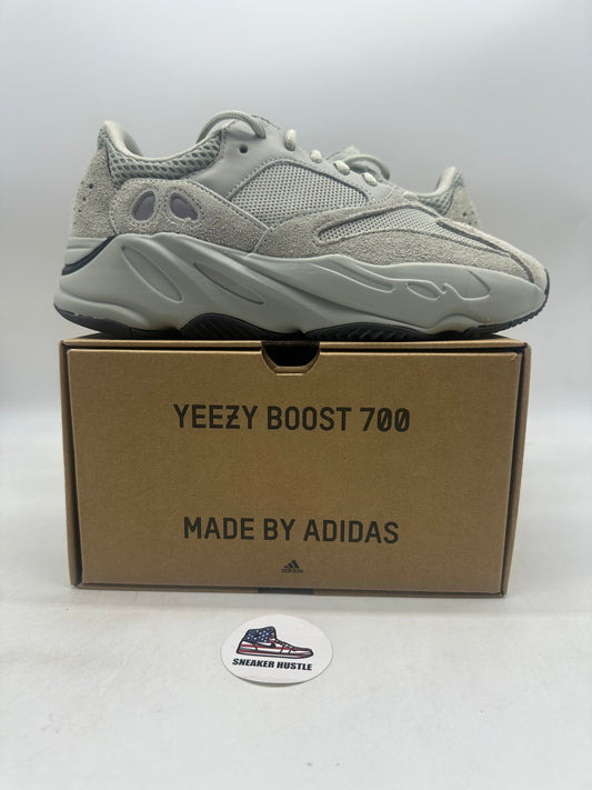 adidas Yeezy Boost 700 Salt sneaker in light gray on box with Yeezy Boost 700 branding