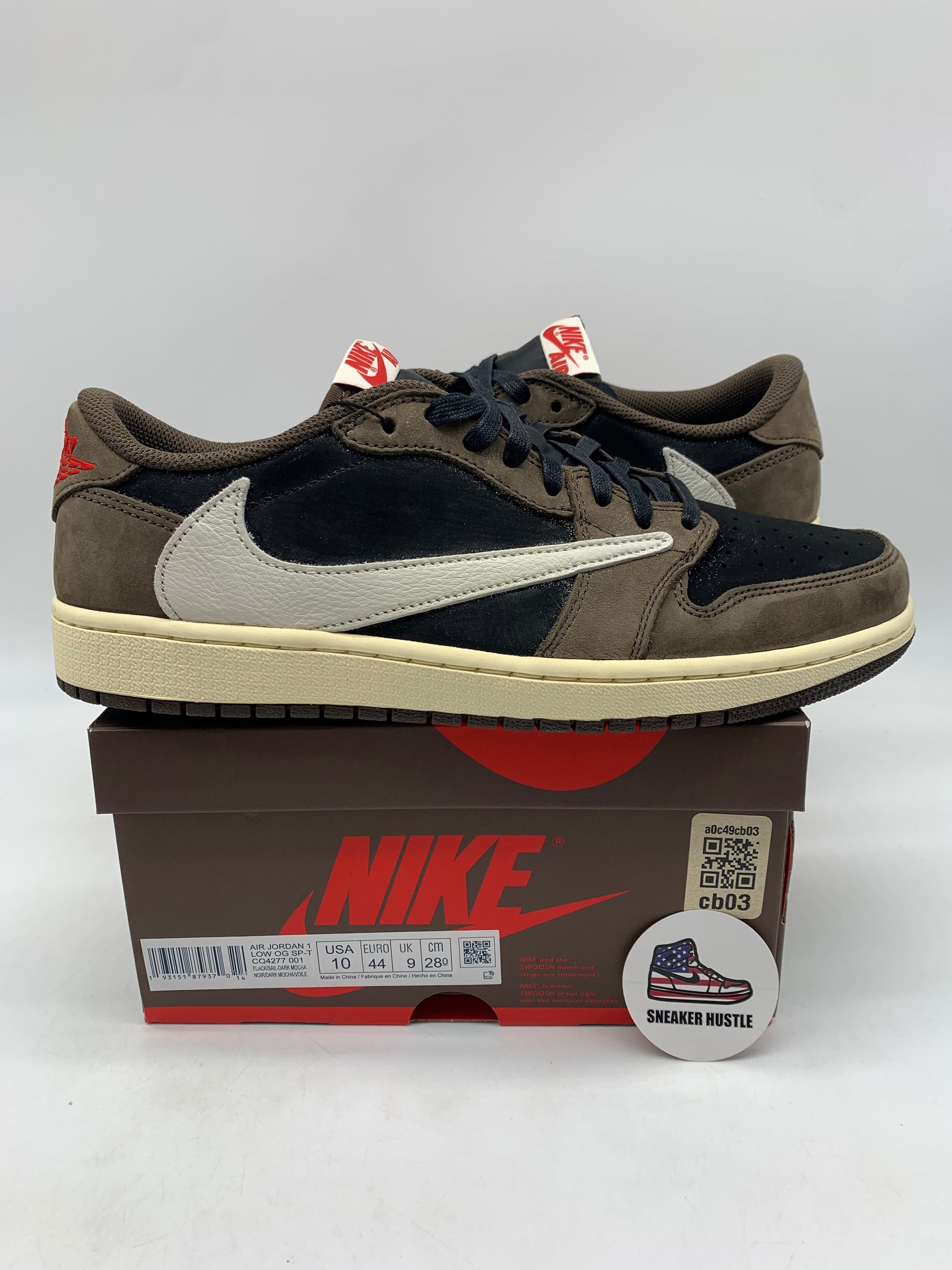 Jordan 1 Retro Low Travis Scott Mocha sneakers size 10 on Nike box