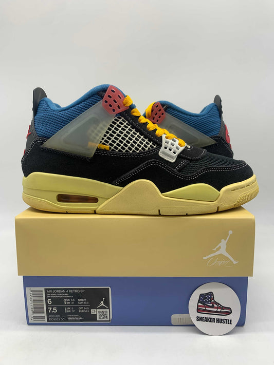 Jordan 4 Retro Union Off Noir preowned sneakers size 6 on box with Sneaker Hustle pin