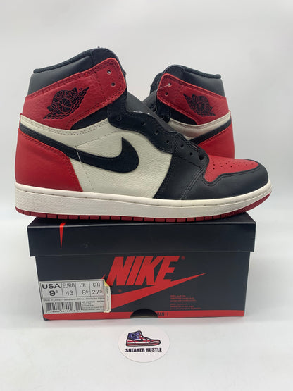 Jordan 1 Retro High Bred Toe sneakers size 9.5 with mid panel yellowing on Nike box