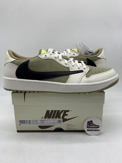 Jordan 1 Retro Low Golf Travis Scott sneakers in Neutral Olive color displayed on Nike shoe box, size 12.5