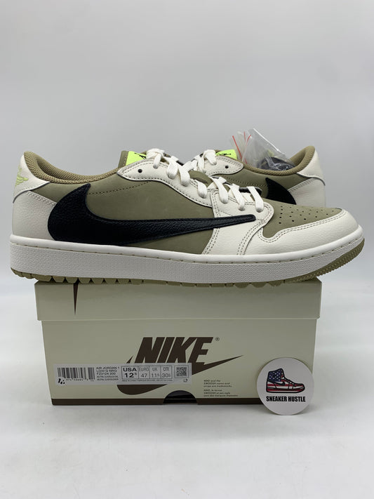 Jordan 1 Retro Low Golf Travis Scott sneakers in Neutral Olive color displayed on Nike shoe box, size 12.5