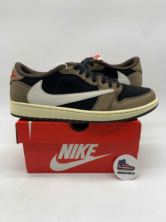 Jordan 1 Retro Low OG Travis Scott Mocha sneakers size 11.5 on red Nike box with slight discoloration