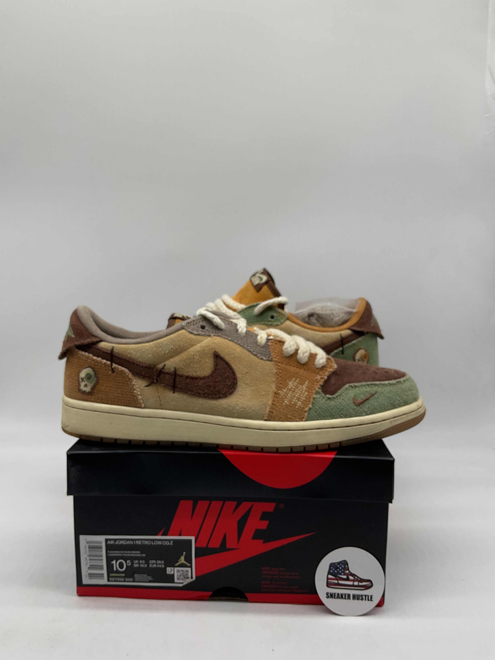 Preowned Jordan 1 Retro Low OG Zion Williamson Voodoo sneakers size 10.5 on Nike shoebox with Sneaker Hustle sticker
