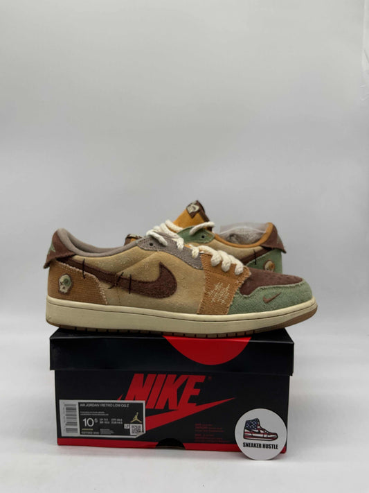 Preowned Jordan 1 Retro Low OG Zion Williamson Voodoo sneakers size 10.5 on Nike shoebox with Sneaker Hustle sticker
