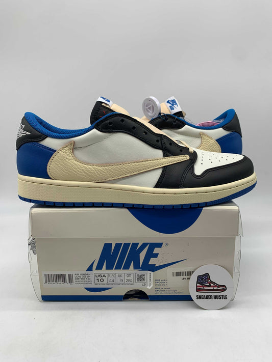 Jordan 1 Retro Low in blue, black, and beige colorway on Nike box size 10