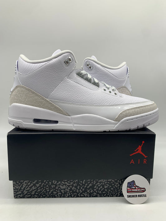 Jordan 3 Retro Pure Money 2025 white sneaker on black Air Jordan box