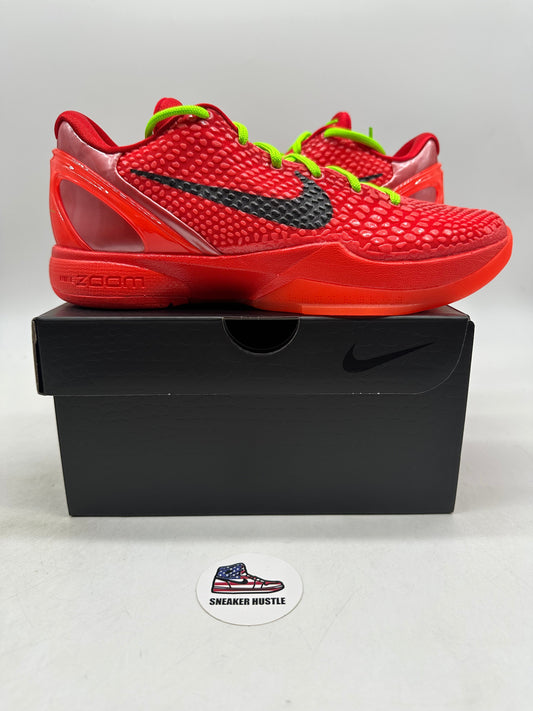 Nike Kobe 6 Protro Reverse Grinch basketball shoes in red with black swoosh on black box