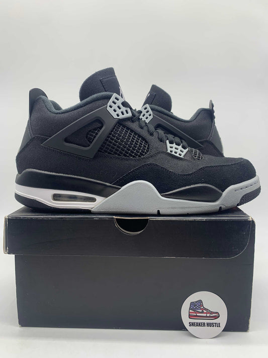 Jordan 4 Retro SE Black Canvas sneakers size 12 preowned displayed on box with damaged label